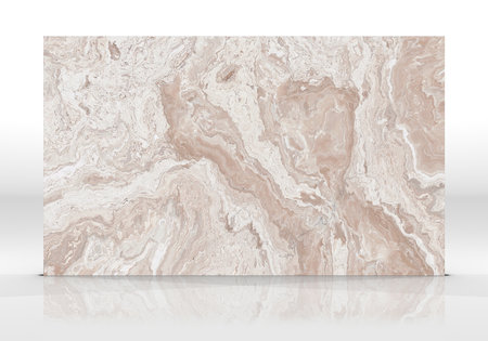 Beige Onyx marble tile standing on the white background with reflections and shadows. Texture for design. 2D illustration. Natural beautyの写真素材