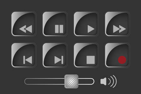Silver 3D play button icon set on grey background. Media control symbols. Vector illustrationのイラスト素材