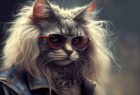 Portrait of long haired, hipster cat in eyewear and denim jacket. Ai generated illustrationの素材