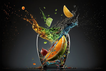 Colorful splash in cocktail glass with fresh juicy fruits inside on the black background. Ai generated illustrationの素材