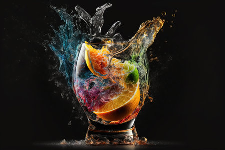 Colorful splash in cocktail glass with fresh juicy fruits inside on the black background. Ai generated illustrationの素材