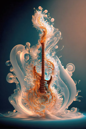 Abstract guitar in white splashes on dark blue background. Ai generated illustrationの素材