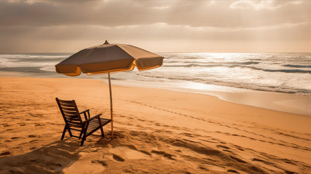 Beach chair and umbrella on tropical sand beach. ai generated illustrationの素材