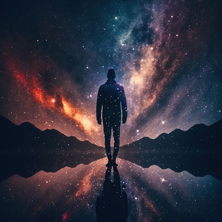 Man looks up at the starry sky. Ai generated imageの素材
