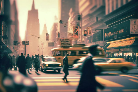 Long exposure vintage photo walking blurred people. Ai generated illustrationの素材