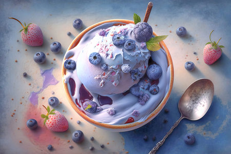 Blueberry ice cream in the bowl. Ai generated illustrationの素材