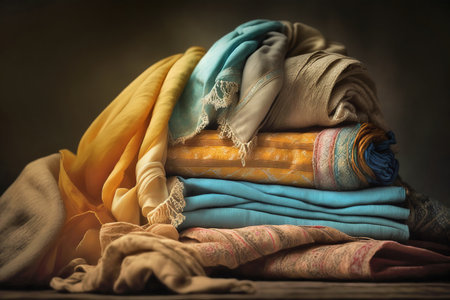 Ai generated beautiful display of multicolored fabrics. Each fabric has its own unique texture and pattern, with a beautiful interplay of colors that draws the eye in. Ai generated illustrationの素材