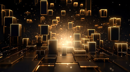 Abstract gold cubes background. Can be used as web site landing page background. Ai generated illustration.の素材