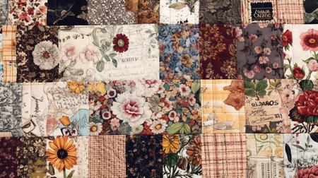 Vintage clothes patchwork background from old newspapers and magazines. Ai generated illustrationの素材