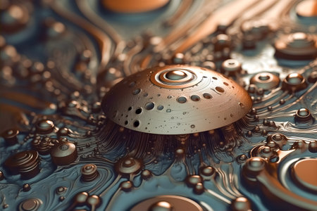 Metal abstract object structure from waves, particles fluids and spheres. Ai generated illustration. Texture and background. Abstract technology concept background.の素材