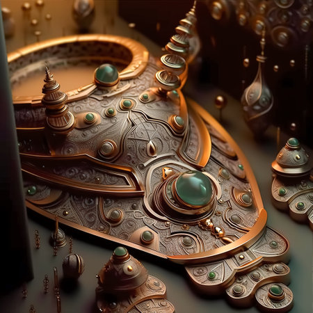 Metal abstract jewellery object structure from waves, particles fluids and spheres. Ai generated illustration. Texture and backgroundの素材