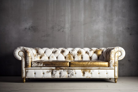 Gold weathered leather chesterfield sofa. Ai generated illustrationの素材
