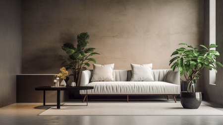 Minimalist Interior room with cement wall and plant. Ai generated illustrationの素材
