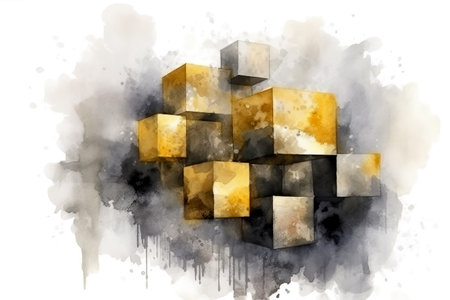 Abstract watercolor background with grey and gold cubes. Ai generated illustrationの素材