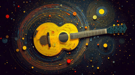 Abstract yellow guitar on dark background. Ai generated illustrationの素材