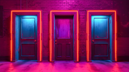 Cyberpunk neon doors background. Ai generated illustrationの素材