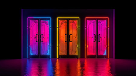 Cyberpunk neon doors background. Ai generated illustrationの素材