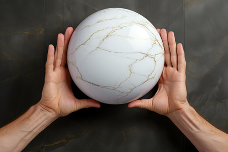 White marble sphere in hands mockup on dark background. ai generated illustrationの素材