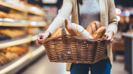 A girl holds a basket of bread in the supermarketの素材