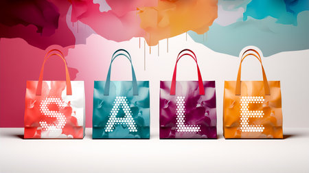 A colorful sale banner featuring shopping bags, creating a festive and cheerful atmosphereの素材