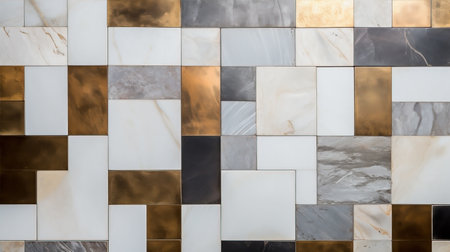 Patchwork arrangement of white marble and bronze tiles, creating a sophisticated and timeless aesthetic. The combination of pristine white veining and rich bronze tones adds a touch of opulence to any spaceの素材