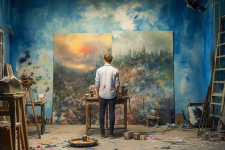 An artist, carefully evaluating his artistic masterpiece in his studioの素材