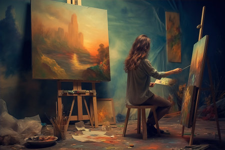 The artist is working on a new piece, sitting at the easel in her studioの素材