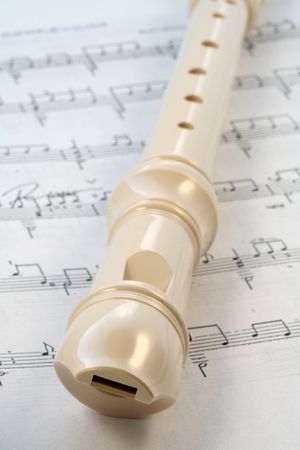 Recorder, music instrument with music notesの写真素材