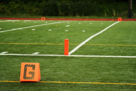 The goal line on a football fieldの写真素材