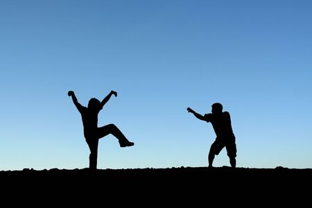 Two men practicing martial arts on top of a mountain (in silhouette)の素材 [FY310545456]