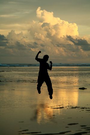 A happy man jumping in the air on the beach, in silhouetteの写真素材