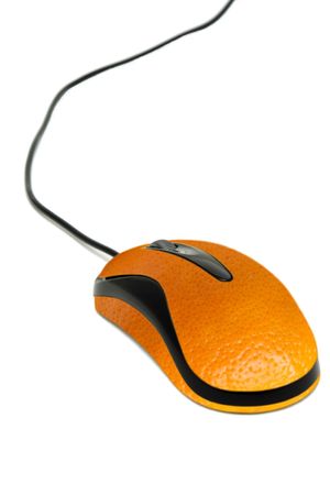 An isolated shot of a computer mouse wrapped in orange skinの写真素材