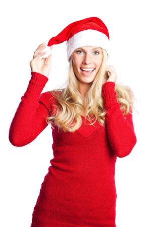 A portrait of a beautiful caucasian christmas santa girlの写真素材