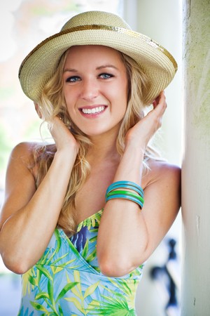 A portrait of a beautiful caucasian woman outdoorの写真素材