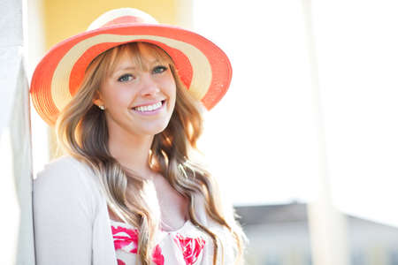 A portrait of a beautiful young Caucasian woman outdoorの写真素材