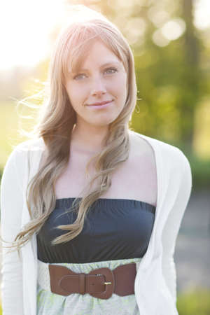 A portrait of a beautiful young Caucasian woman outdoorの写真素材