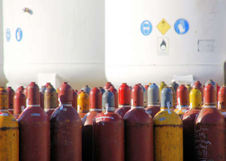 Acetylen bottles and nitrogen silo with emergency signの写真素材