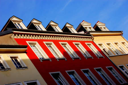Diagonal view of colored houses in Heidelberg の写真素材