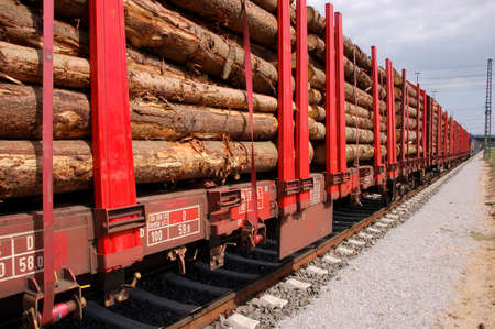 Line of biomass train wagons on a railroadの写真素材