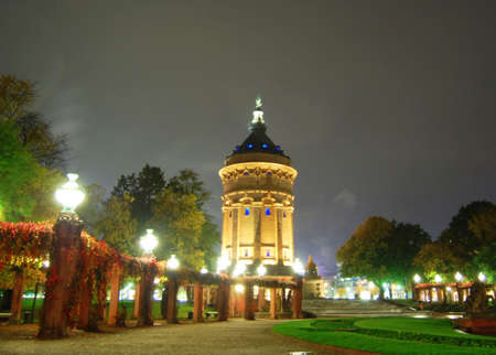 Nightscene with water tower in Mannheim Germanyの写真素材