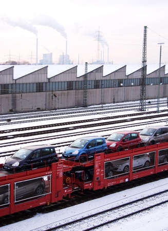 Industrial site with power plant and car trainsの写真素材