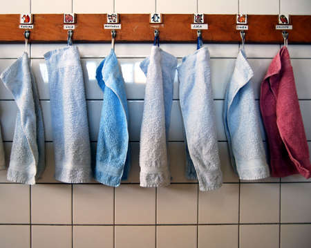 Small handkerchiefs in the bath room of a kindergartenの写真素材