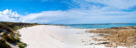 Panorama of the white sand beach near Saint-Pabu in Brittany in Franceの写真素材