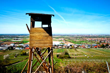 Raised hide for a hunter overlooking a landscape in Germanyの写真素材