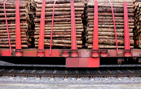 Biomass wood loaded on a red train wagonの写真素材