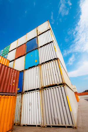 Foto de Colorful cargo container on a storage site in a harbor - Imagen libre de derechos