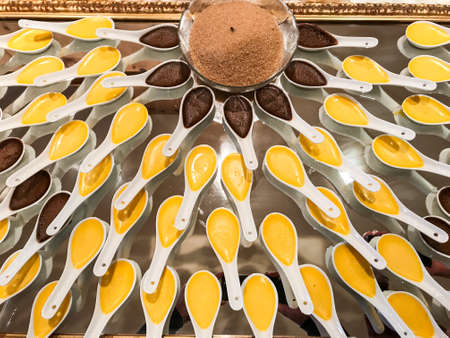 Dessert arrangement with chocolate and vanilla creme bruleeの写真素材