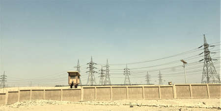 Power lines and towers in Egyptの写真素材