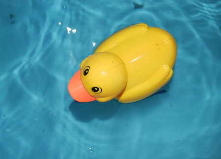 Aerial view on a yellow rubber duck in blue waterの写真素材