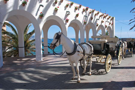 Horse drawn carriages along the Balcony of Europe  Balcon de Europa , Nerja, Costa del Sol, Malaga Province, Andalucia, Spain, Western Europe の写真素材
